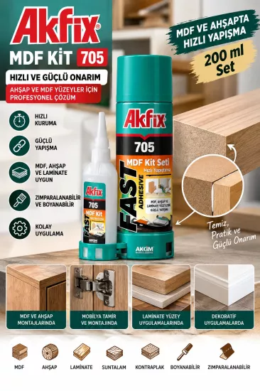 Akfix 705 MDF Hızlı Yapıştırıcı Seti 200 ml