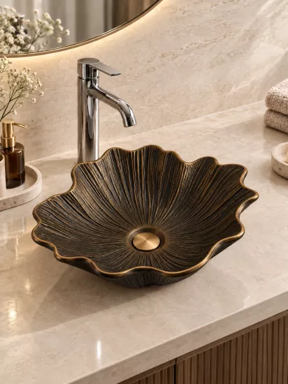 Eskitme Bronz Çiçek Formlu Çanak | Seramik Lavabo