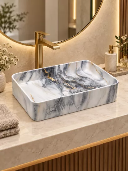 Mermer Desenli Gold Damarlı Çanak Lavabo