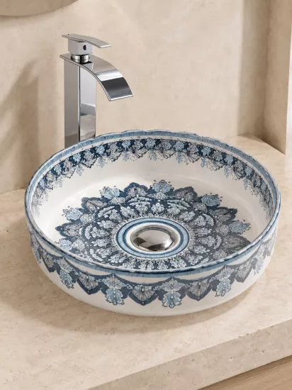 Mavi Beyaz Desenli Çanak Lavabo | Seramik Lavabo