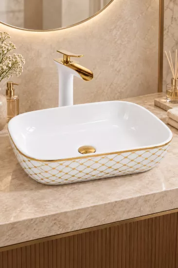 Beyaz Gold Desenli Çanak Lavabo | Seramik Lavabo