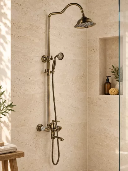 Antik Bronz Rustik Duş Seti | Desenli Tepe Duşlu