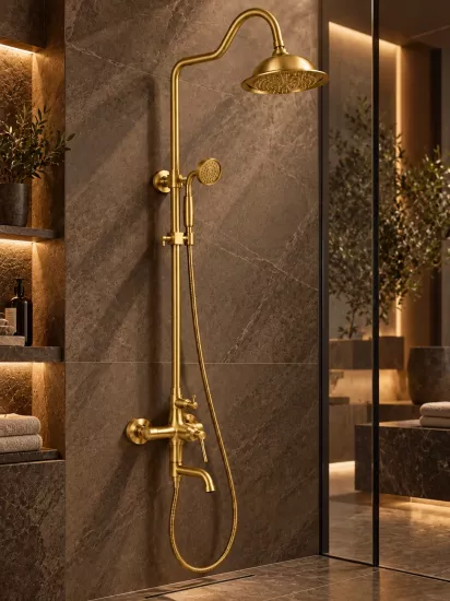 Mat Gold Retro Tepe Duşlu Banyo Bataryalı Duş Seti