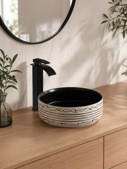 Desenli Çanak Lavabo 36x36 cm | Siyah Krem