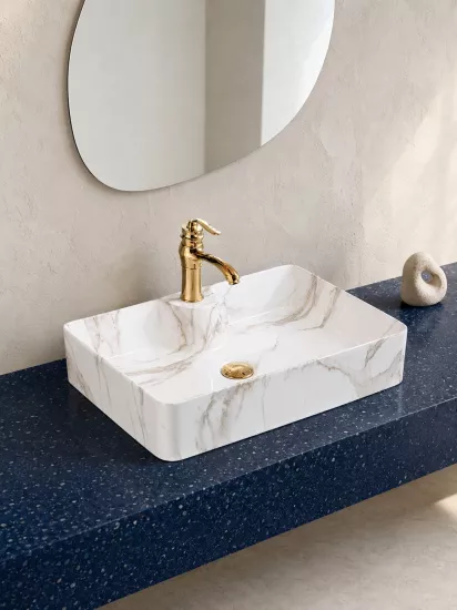 Mermer Desenli Çanak Lavabo 60x40 cm | Beyaz Gold