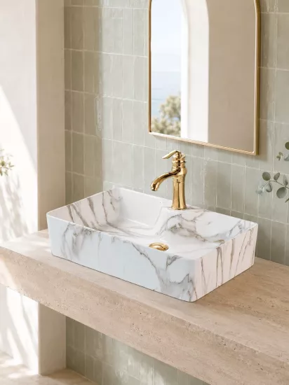 Mermer Desenli Çanak Lavabo 60x40 cm | Beyaz Gold