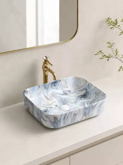 Mermer Desenli Çanak Lavabo 50x40 cm | Mavi Gri