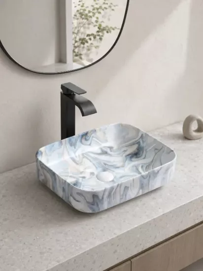 Mermer Desenli Çanak Lavabo 50x40 cm | Mavi Gri