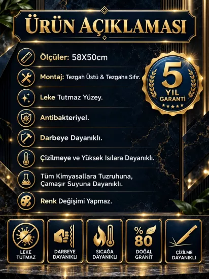 58x50 Siyah Tek Gözlü Mutfak Evyesi Sifon Dahil