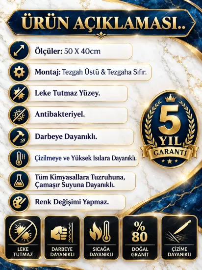 50x40 Antrasit Tek Gözlü Mutfak Evyesi Sifon Dahil