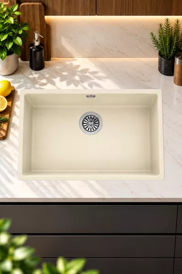50x40 Bej Tek Gözlü Mutfak Evyesi Sifon Dahil