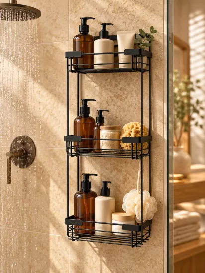 Paslanmaz Çelik Siyah 3 Katlı Vidalı Banyo Rafı
