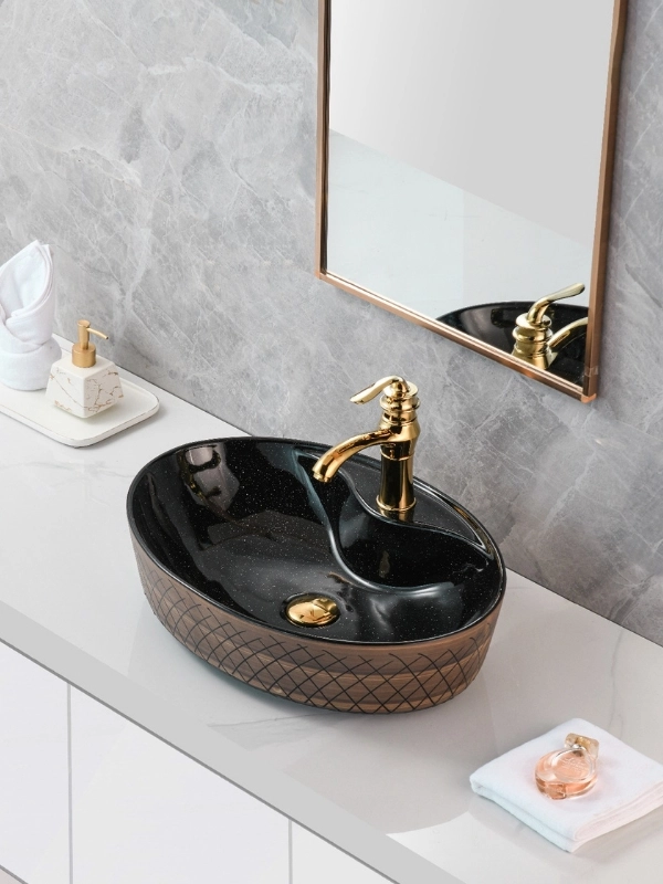 Bakır Siyah Geometrik Desenli Seramik Çanak Lavabo 57x41x14 cm