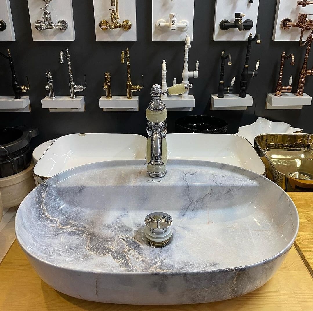 Mermer Desenli Tezgah Üstü Seramik Çanak Lavabo 60x42,5x15 cm