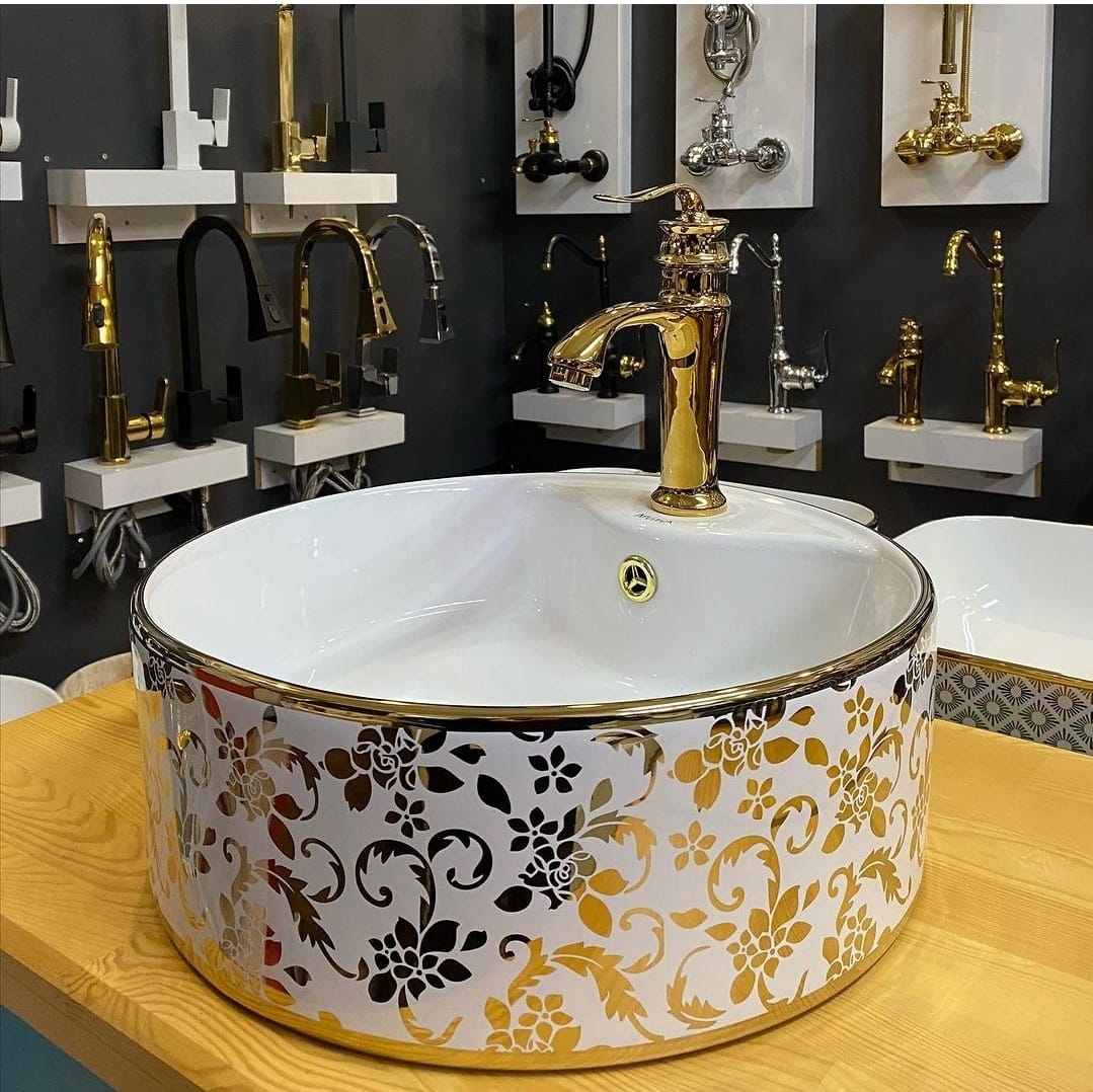Beyaz Gold Çiçek Desenli Seramik Çanak Lavabo 40x40x14 cm