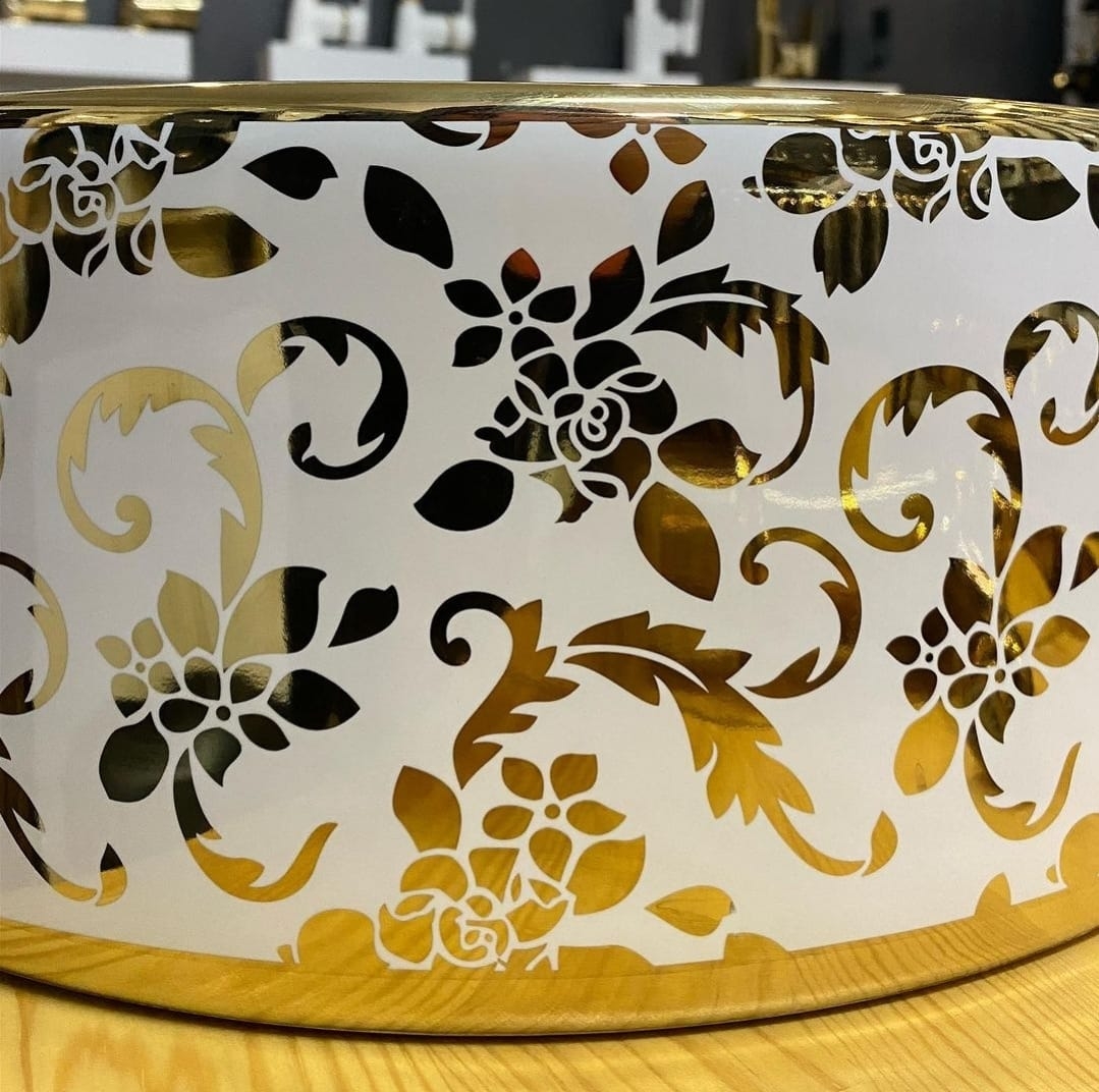 Beyaz Gold Çiçek Desenli Seramik Çanak Lavabo 40x40x14 cm