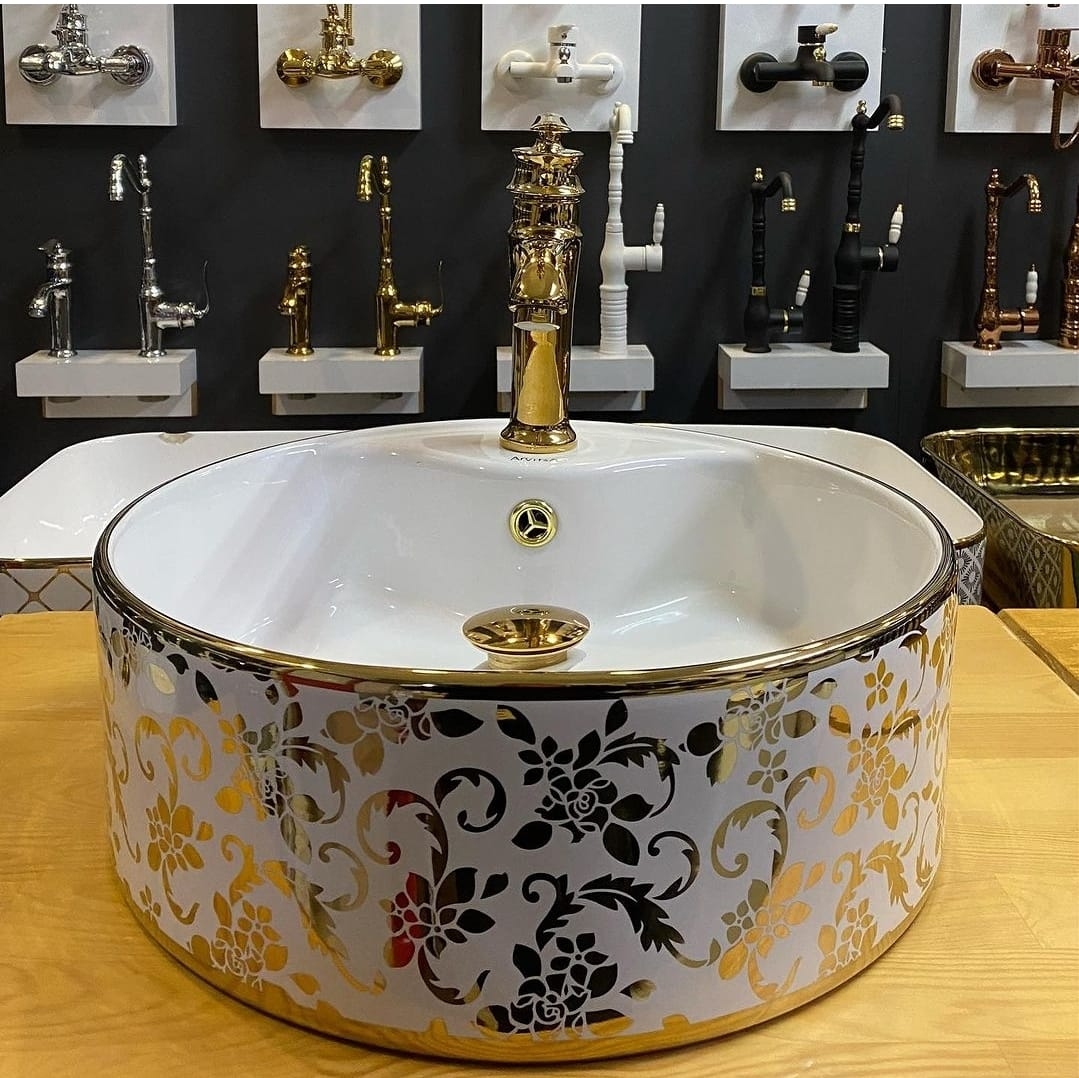 Beyaz Gold Çiçek Desenli Seramik Çanak Lavabo 40x40x14 cm