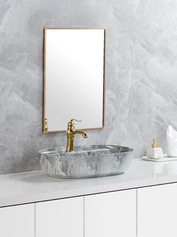 Mermer Desenli Seramik Çanak Lavabo 60x40x14 cm Batarya Delikli