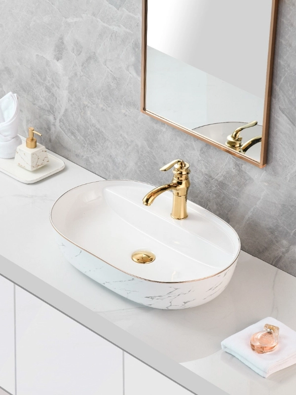 Beyaz Gold Mermer Desenli Seramik Çanak Lavabo 60x40x14 cm Batarya Delikli